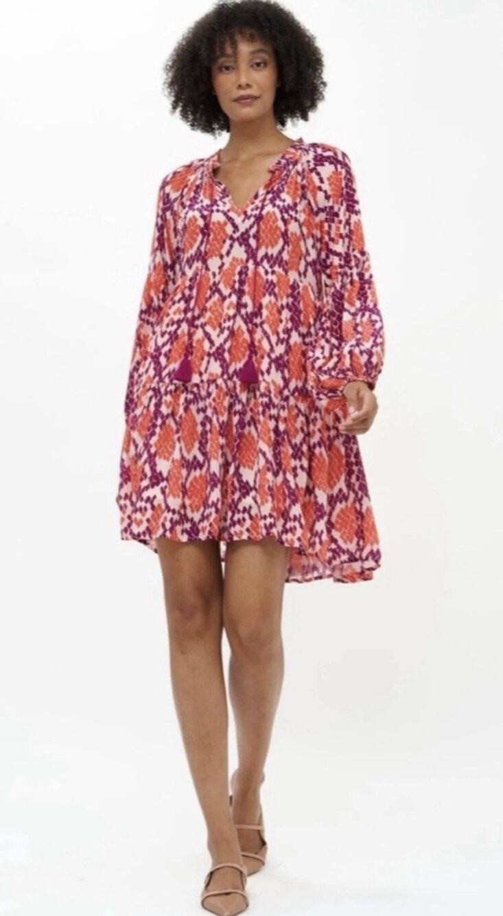 NWT Oliphant Balloon Sleeve Short Dress •S• Coral Python Tassels $398